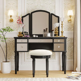 GO 43" Dressing Table Set with Mirrored Drawers and Stool, Tri-fold Mirror, Makeup Vanity Set for Bedroom, Black - V.I.P Digital Presence