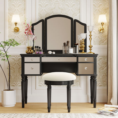 GO 43" Dressing Table Set with Mirrored Drawers and Stool, Tri-fold Mirror, Makeup Vanity Set for Bedroom, Black - V.I.P Digital Presence