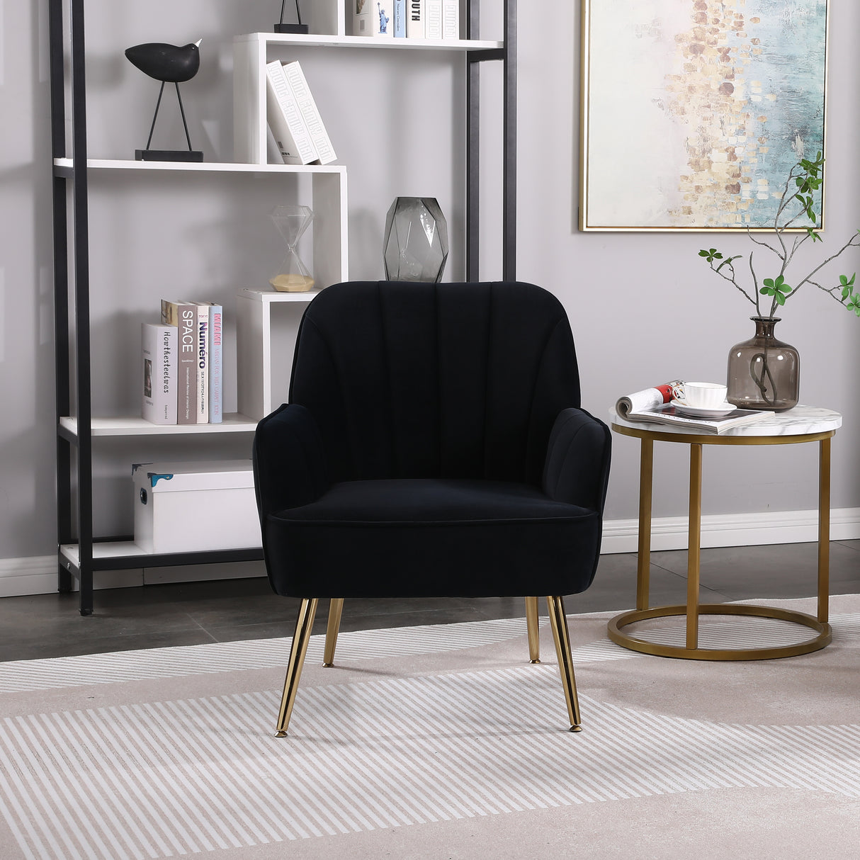 Modern Mid Century Chair velvet Sherpa Armchair for Living Room Bedroom Office Easy Assemble(NAVY) - V.I.P Digital Presence