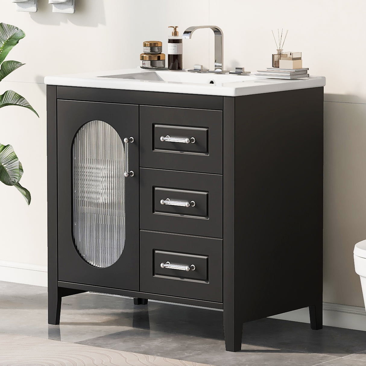30" Bathroom Vanity with Sink, Bathroom Vanity Cabinet with Two Drawers and Door, Adjustable Shelf, Solid Wood and MDF, Black - V.I.P Digital Presence