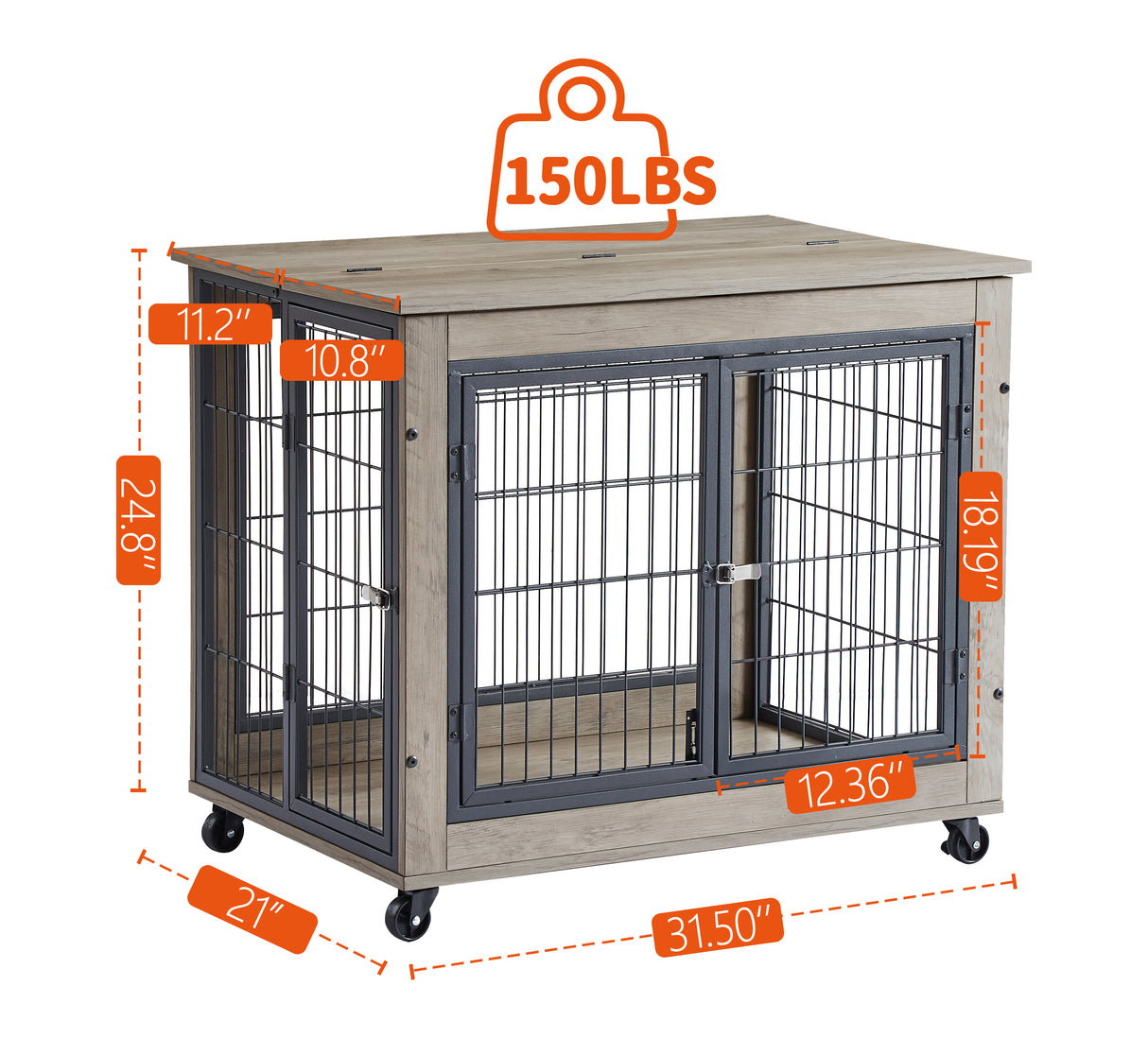 Furniture Dog Cage Crate with Double Doors on Casters. Grey, 31.50'' W x 22.05'' D x 24.8'' H. - V.I.P Digital Presence