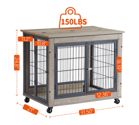 Furniture Dog Cage Crate with Double Doors on Casters. Grey, 31.50'' W x 22.05'' D x 24.8'' H. - V.I.P Digital Presence