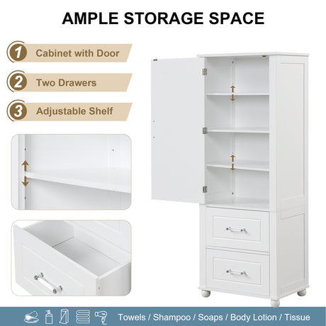 Tall bathroom storage cabinet with two drawers and adjustable shelves for independent storage - V.I.P Digital Presence