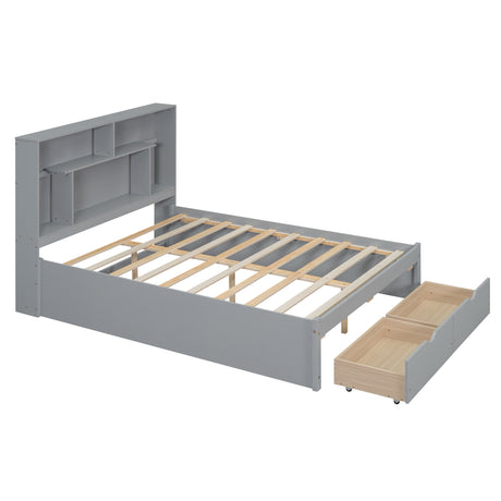 Full Size Platform Bed with Storage Headboard and 2 Drawers, Gray - V.I.P Digital Presence
