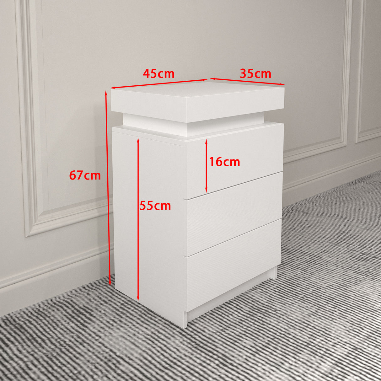 LED White Nightstand With 3 Drawers, Modern Multi-Colour LED Night Table Bedside Tables for Bedroom, Living Room - V.I.P Digital Presence