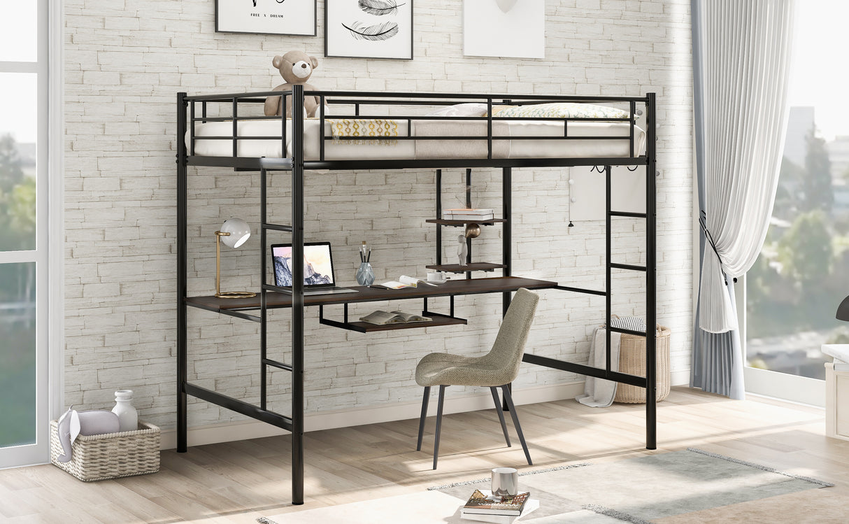 Loft Bed with Desk and Shelf   Space Saving Design Full Black