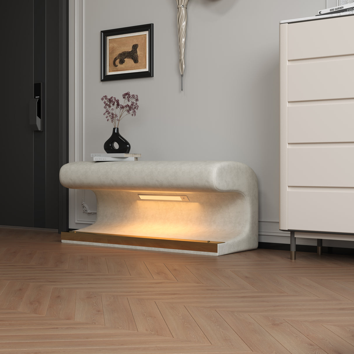 Entryway Bench Leather Upholstered Ottoman with LED sensor light for living room ,bedroom,end of bed ，Beige - V.I.P Digital Presence