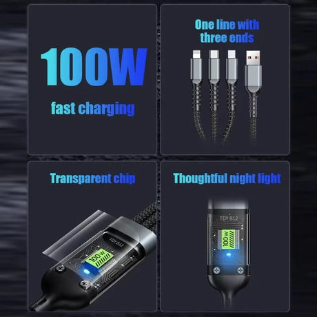 3 In 1 Usb 100w Cable For Fast Charging And Data Mini Usb Type C Micro Suitable For Iphone Android Xiaomi Huawei Oppo Charging - V.I.P Digital Presence