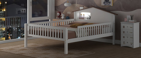 Full Size Wood Platform Bed with House-shaped Headboard, LED and Built-in Storage, White - V.I.P Digital Presence