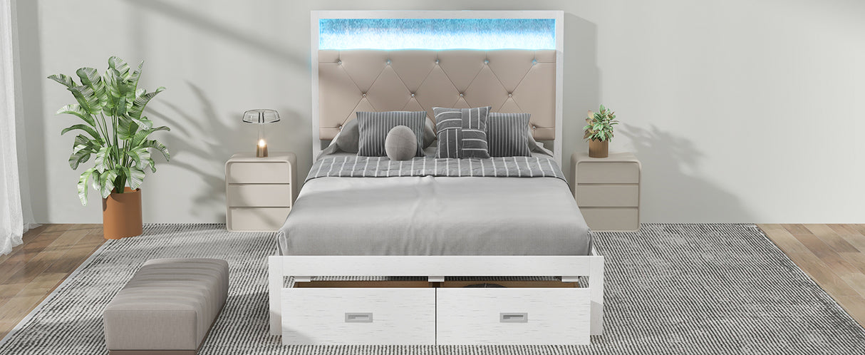 Wood Full Size Platform Bed with Upholstered Headboard and LED and 2 Drawers, Antique White - V.I.P Digital Presence