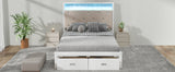 Wood Full Size Platform Bed with Upholstered Headboard and LED and 2 Drawers, Antique White - V.I.P Digital Presence