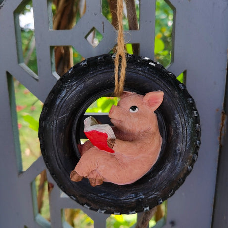 Cute Piggy Reading Tire Courtyard Garden Outdoor Hanger - V.I.P Digital Presence