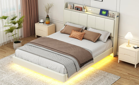 Large floating bed frame with storage headboard, touch sensor, night light and USB charger, padded platform bed, beige color - V.I.P Digital Presence