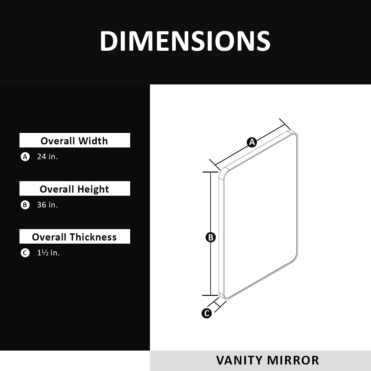 24x36 inch aluminum frame round rectangular bathroom wall mirror, matte black rust proof, tempered glass mirror - V.I.P Digital Presence