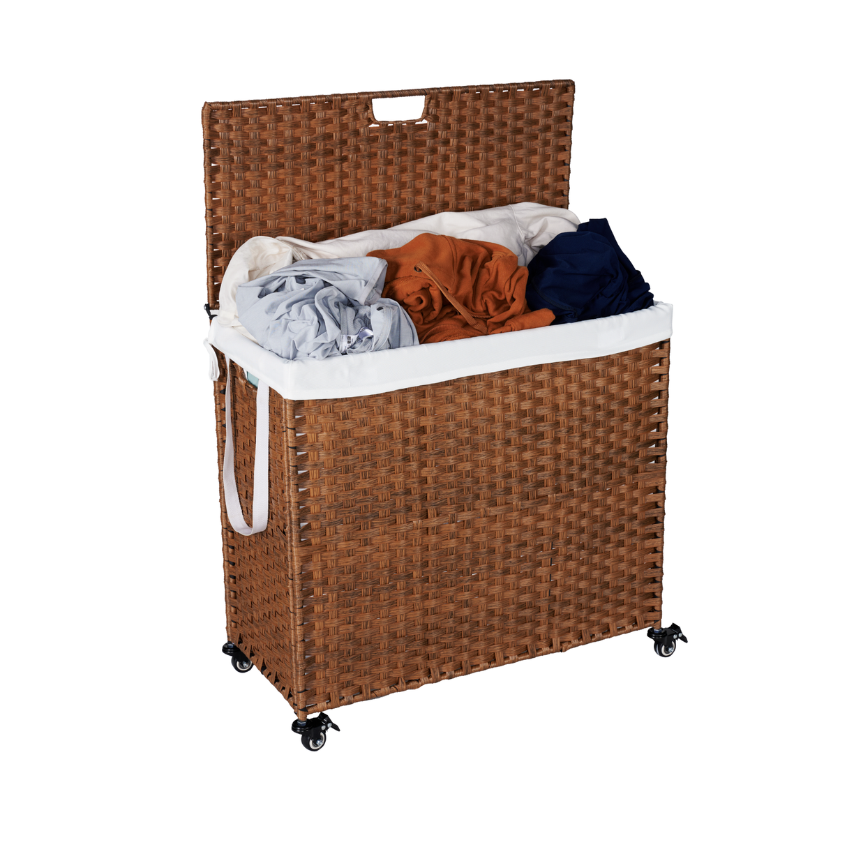 Laundry Hamper With Lid PE Rattan Powder Coating Frame Clothes Hampers with 02 Removable Bags, Wheels, 160L, Brown Color - V.I.P Digital Presence