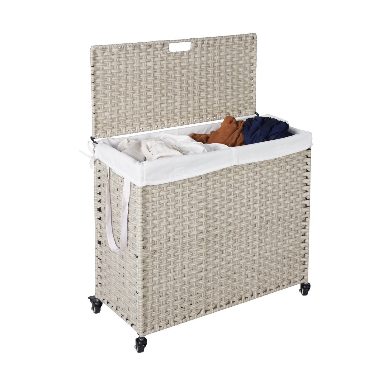 Laundry Hamper With Lid PE Rattan Powder Coating Frame Clothes Hampers with 02 Removable Bags, Wheels, 160L, Grey Color - V.I.P Digital Presence
