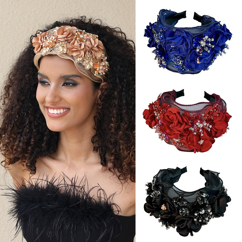 Fabric Flower Heavy Industry Wide Edge Crystal Headband Headband - V.I.P Digital Presence