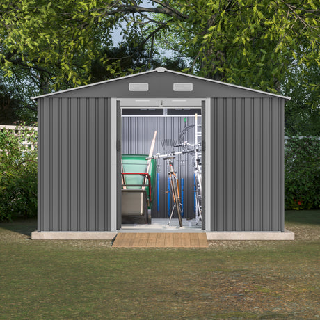 10X8 FT outdoor tool storage shed with metal foundation and lockable door, all-weather metal shed, gray - V.I.P Digital Presence