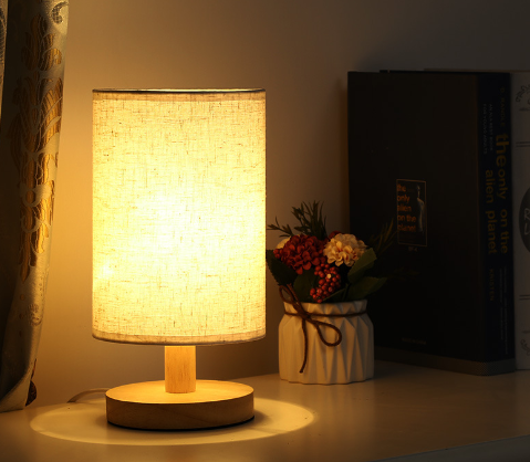 Linen Table Lamp LED Linen Night Lamp w/Warm White Light Linen Nightstand Lamp USB Powered Wooden Beside Lamp - V.I.P Digital Presence