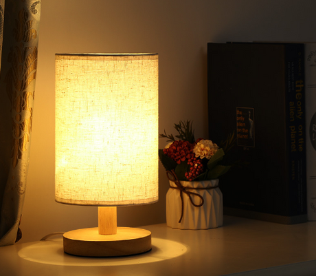 Linen Table Lamp LED Linen Night Lamp w/Warm White Light Linen Nightstand Lamp USB Powered Wooden Beside Lamp - V.I.P Digital Presence