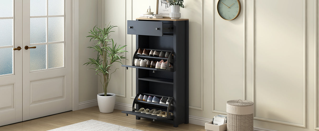 ONTREND with 2 flip drawers, top shoe cabinet with drawers, independent shoe rack with adjustable panel, for hallway use, black - V.I.P Digital Presence