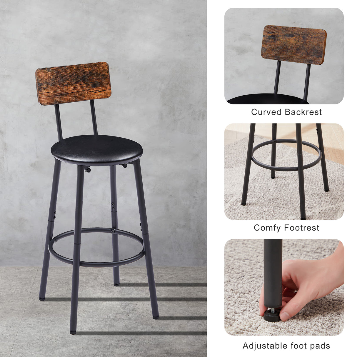 Round bar stool set with shelf upholstered stool with backrest Rustic Brown 23.62'' W x 23.62'' D x 35.43'' H - V.I.P Digital Presence