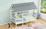 Wood Twin Size House Bed with Roof, Guardrail and Shelves, White - V.I.P Digital Presence