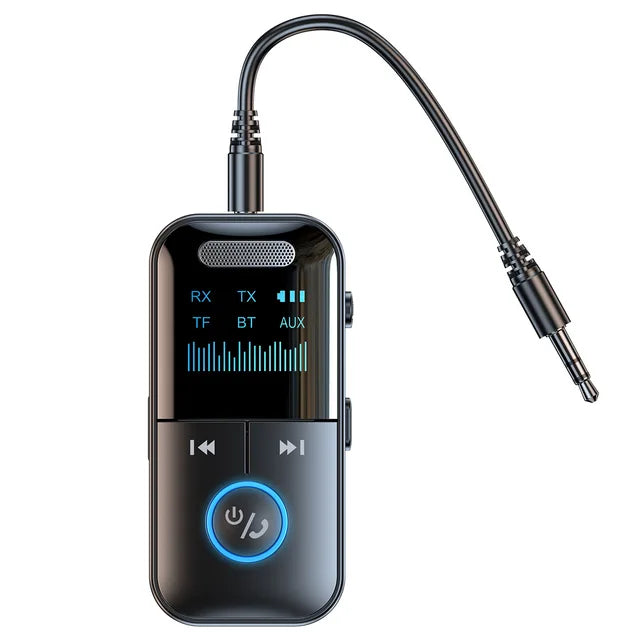 Receptor y transmisor de audio Bluetooth 5.4 de 3,5 mm con entrada AUX y compatible con tarjeta TF, adaptador de audio inalámbrico con micrófono y pantalla digital LED. 