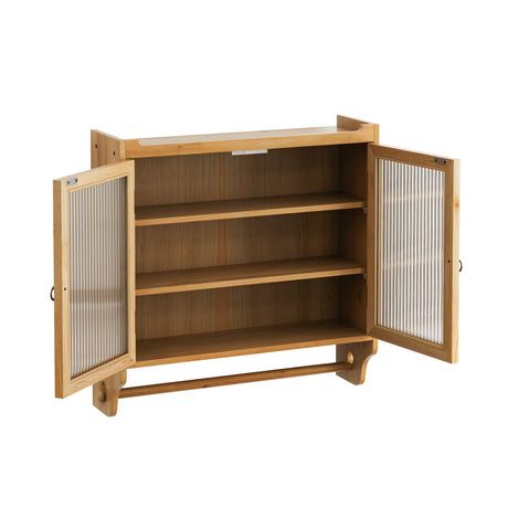24.8 '' Glass door retro double door wall cabinet with three levels of storage space with towel rack, original wood color - V.I.P Digital Presence