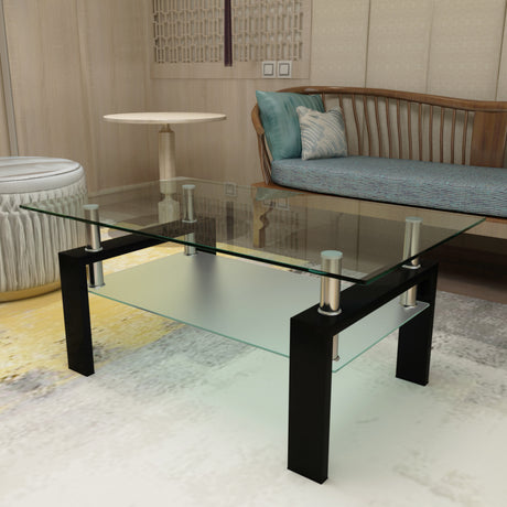 Rectangle Black Glass Coffee Table Clear Coffee Table Modern Side Center Tables for Living Room Living Room Furniture - V.I.P Digital Presence