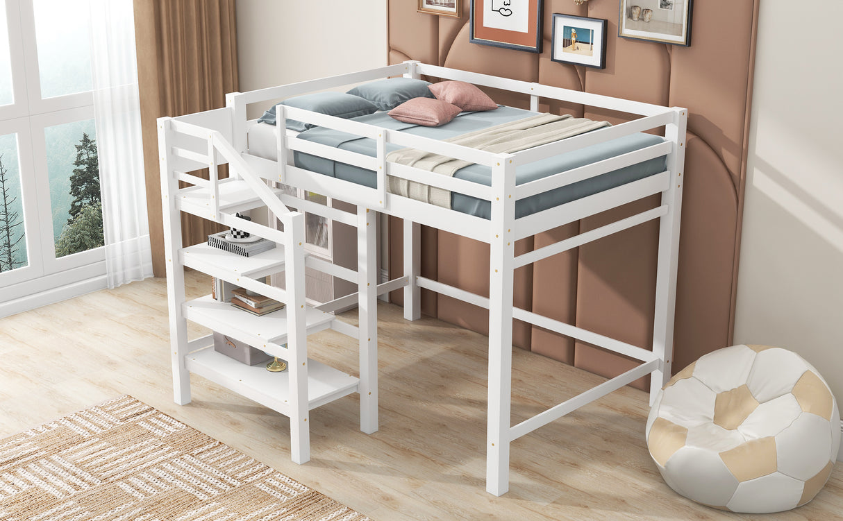 Full Size Loft Bed with Built-in Storage Staircase and Hanger for Clothes  White
