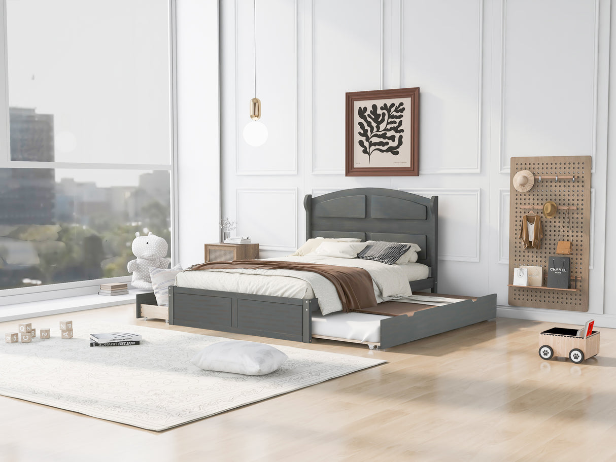 Wood Queen Size Platform Bed with Twin Size Trundle and 2 Drawers  Antique Gray