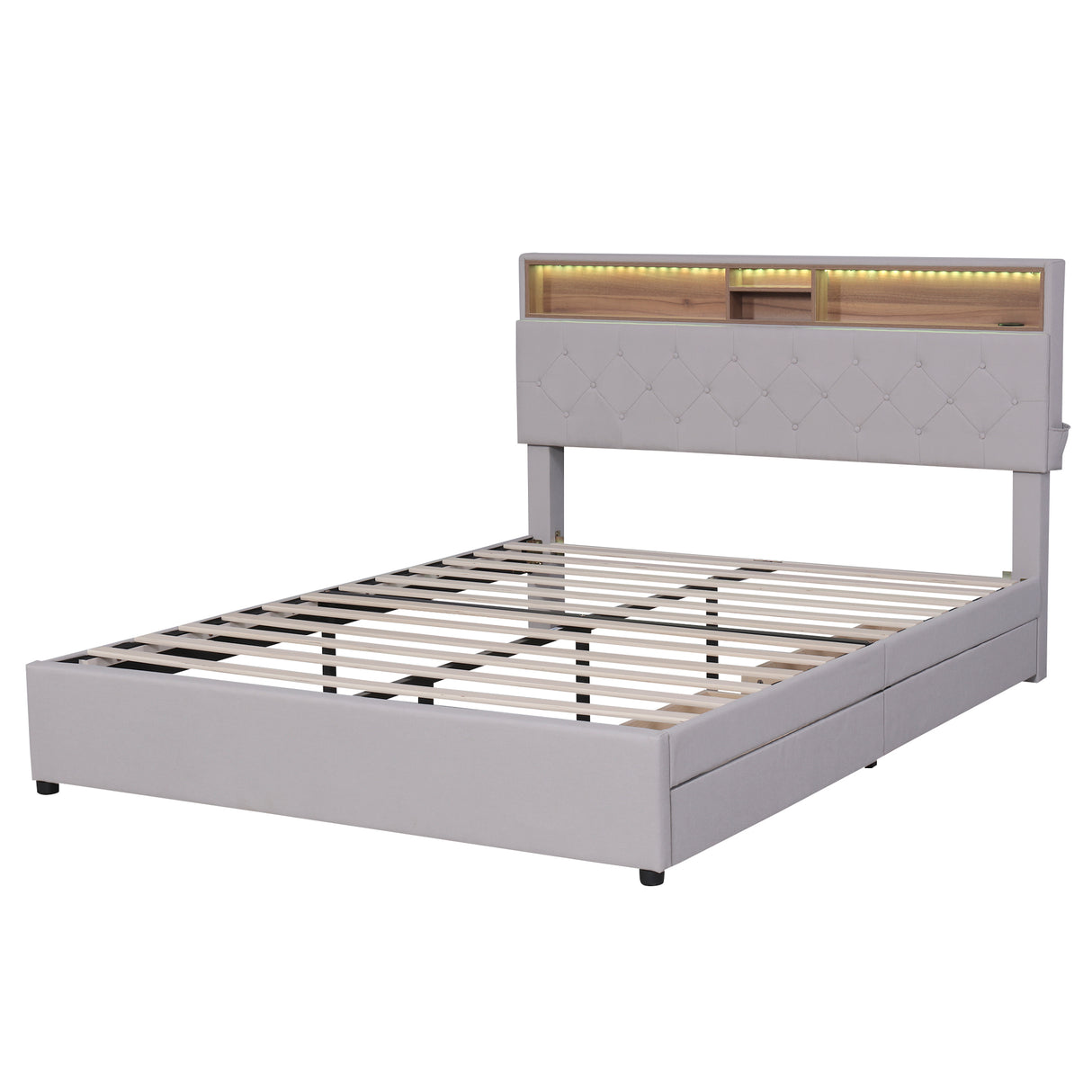 Queen Size Upholstered Platform Bed with Storage Headboard  LED  USB Charging and 2 Drawers  Beige