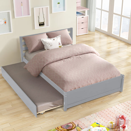Full Size Wood Platform Bed Frame with Headboard and Twin Trundle For Grey Color - V.I.P Digital Presence