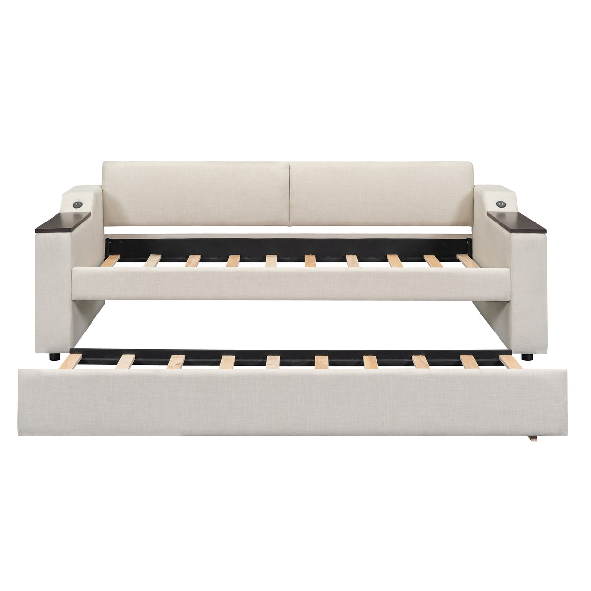 Twin Size Upholstery Daybed with Storage Arms  Trundle and USB Design Beige