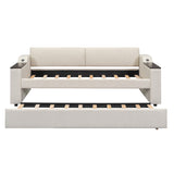 Twin Size Upholstery Daybed with Storage Arms  Trundle and USB Design Beige