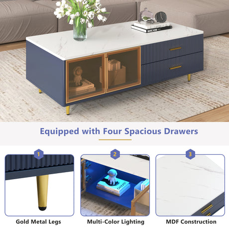 Modern Navy Blue Coffee Table with 2 Glass Door Storage, 4 Drawers, Gold Metal Legs, and Multi-Color Lighting in 47.2'' - V.I.P Digital Presence