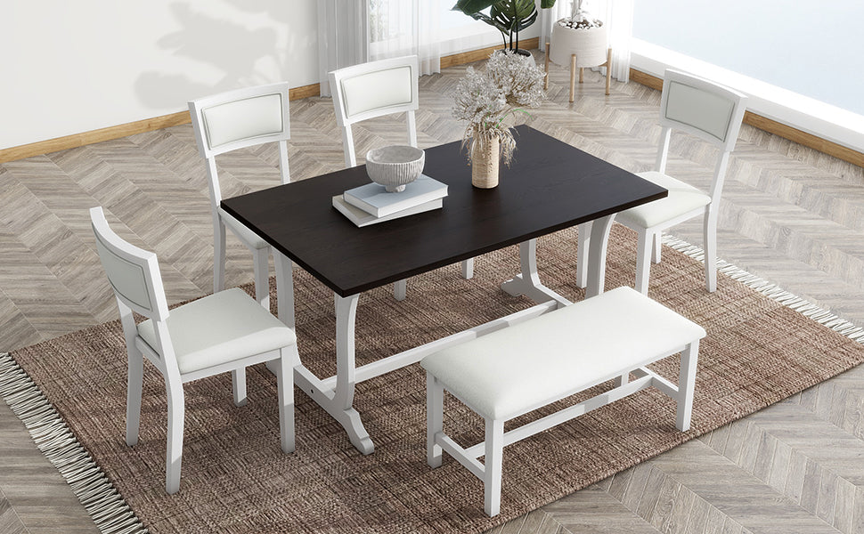 TOPMAX Farmhouse 6-Piece Trestle Dining Table Set with Upholstered Dining Chairs and Bench  59inch, White