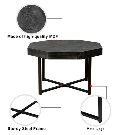 Wooden octagonal retro patchwork craft 30 inch wooden tabletop cross metal leg coffee table (Antique Black) - V.I.P Digital Presence