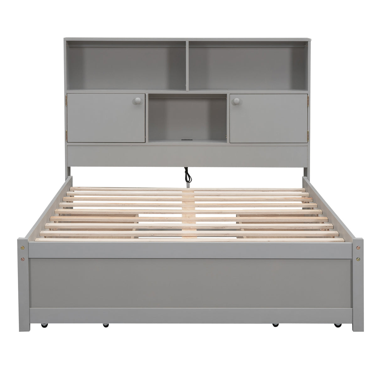 Full Size Platform Bed with Storage Headboard, Charging Station and 4 Drawers, Gray - V.I.P Digital Presence