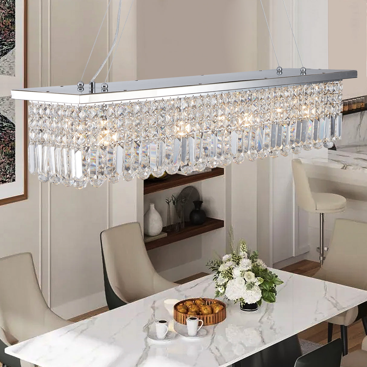 Modern Crystal Chandelier for Dining Room 8-Light White Rectangle Raindrop L39.4'' x W9.8'' x H8.7'(Bulb Not Included) - V.I.P Digital Presence