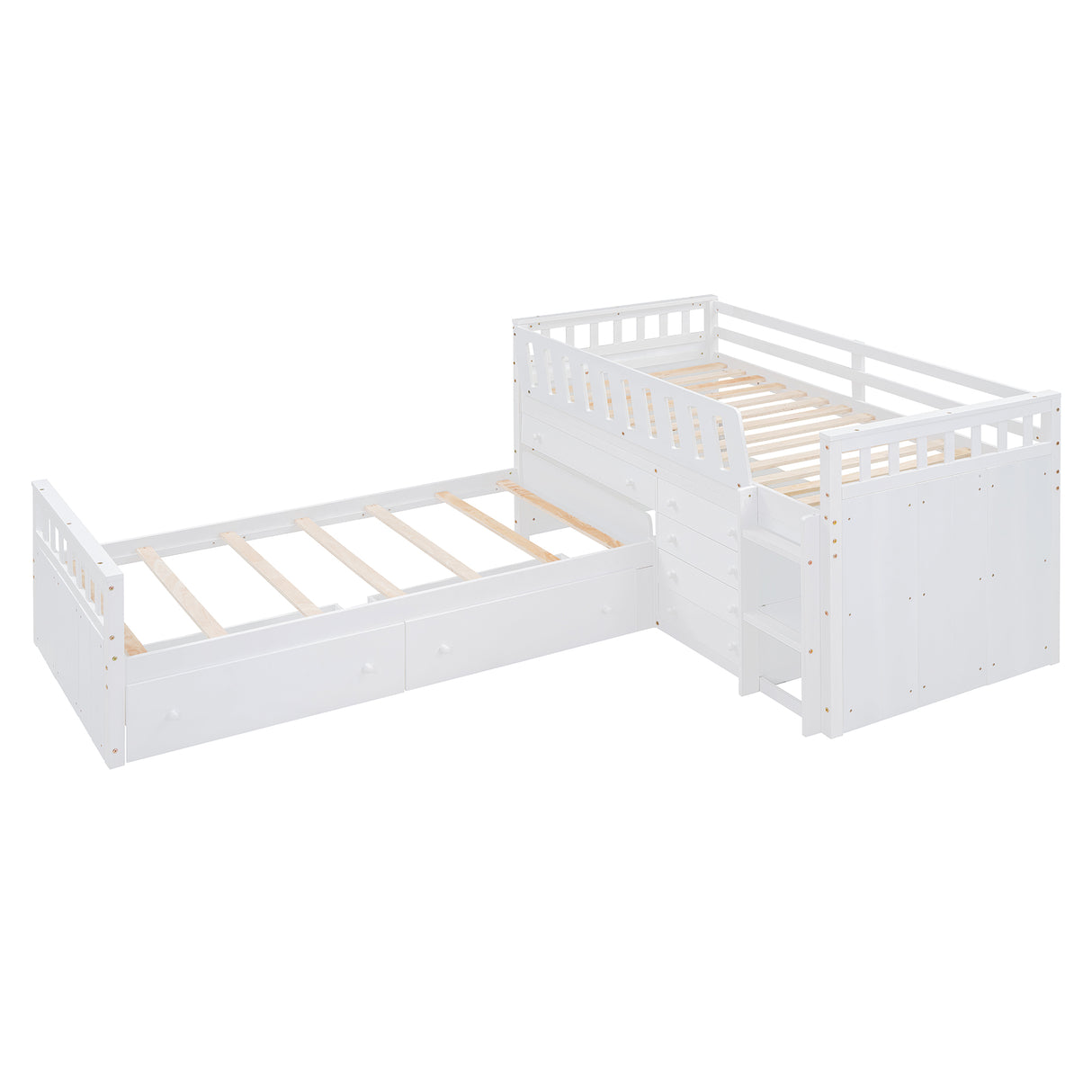 L-shaped Space-Saving Twin Loft and Twin Platform Bed with 7 Drawers and Full Guardrails(WHITE) - V.I.P Digital Presence