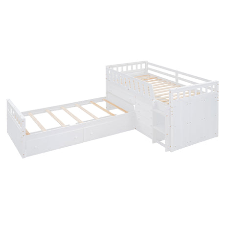 L-shaped Space-Saving Twin Loft and Twin Platform Bed with 7 Drawers and Full Guardrails(WHITE) - V.I.P Digital Presence