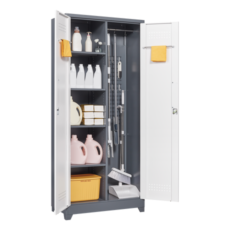 Metal storage cabinets, lockable cleaning tool cabinets, high broom tool organizers, and large storage cabinets in storage store - V.I.P Digital Presence