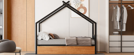 Twin Size Metal House Bed with Two Drawers, Black - V.I.P Digital Presence