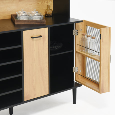 59 "H buffet side cabinet with storage door and power outlet, coffee bar cabinet with wine rack, black and natural colors - V.I.P Digital Presence