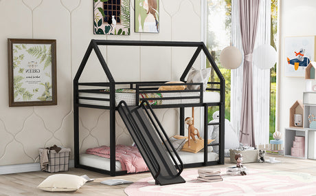 Twin over Twin House Bunk Bed with Ladder and Slide,Black - V.I.P Digital Presence
