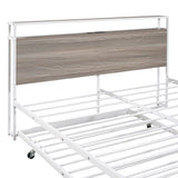 Queen Size Metal Platform Bed Frame with Trundle, USB Ports and Slat Support ,No Box Spring Needed White - V.I.P Digital Presence