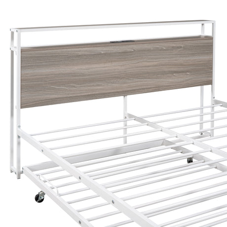 Queen Size Metal Platform Bed Frame with Trundle, USB Ports and Slat Support ,No Box Spring Needed White - V.I.P Digital Presence
