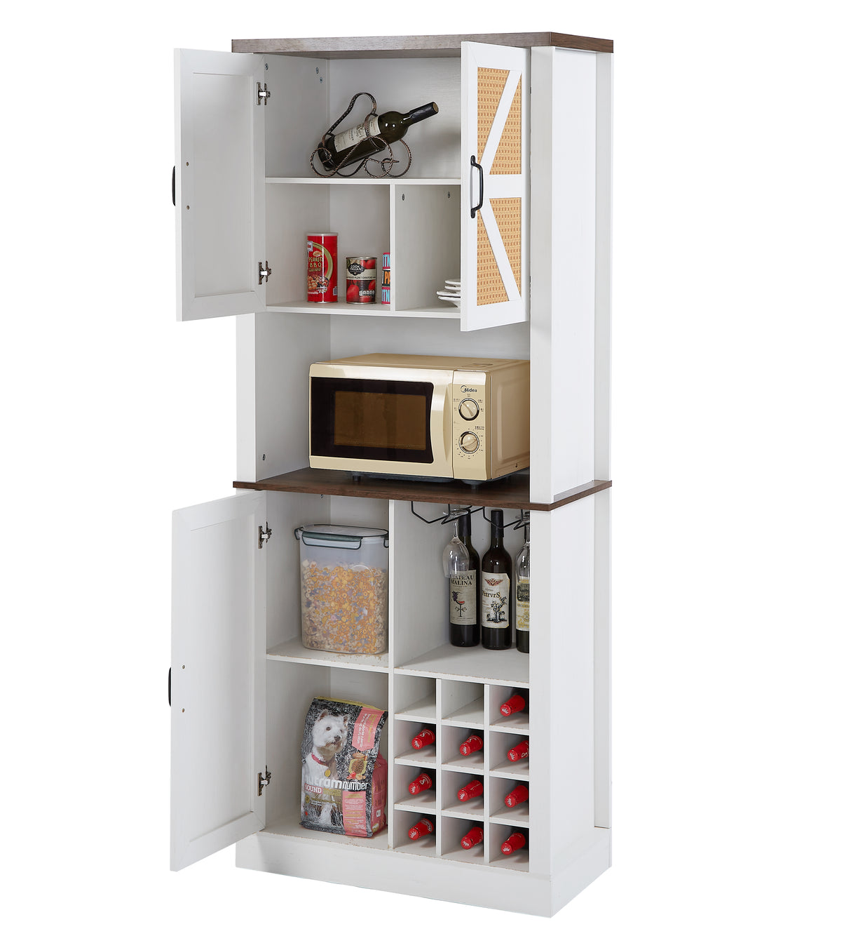 76 Inch Tall Farmhouse Kitchen Faux Rattan Wine Cabinet, Kitchen Bar Cabinet with Square Compartments and Shelves - V.I.P Digital Presence